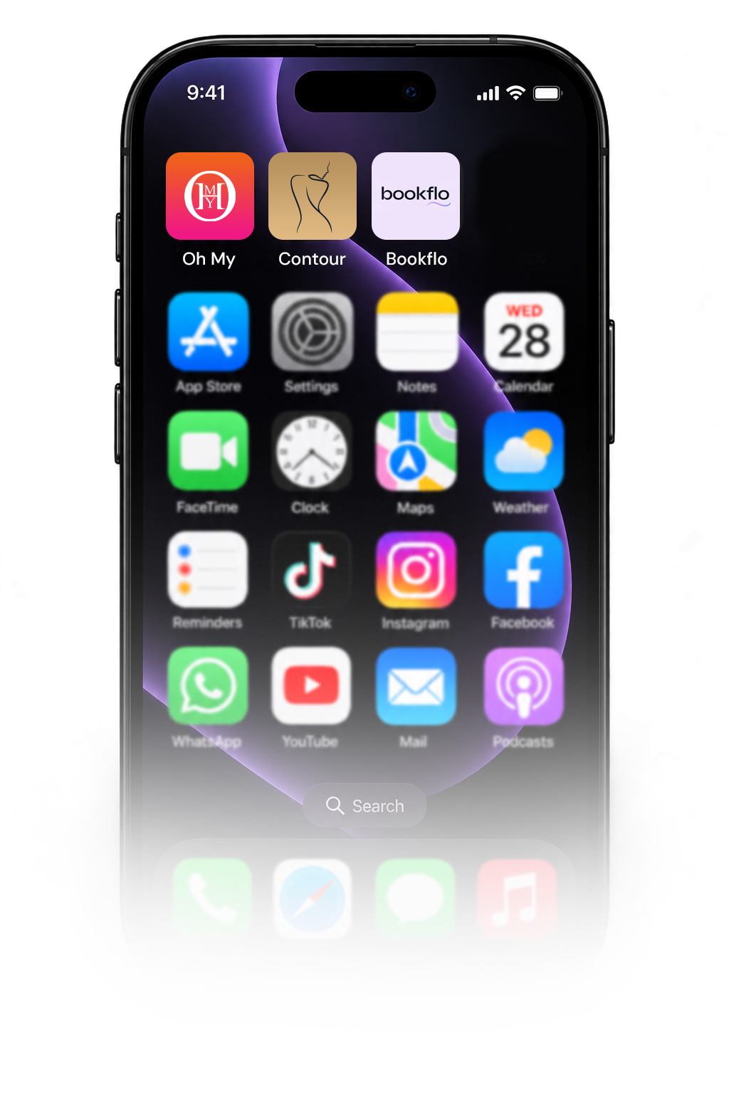 iPhone home screen with Oh My, Contour, and Bookflo
